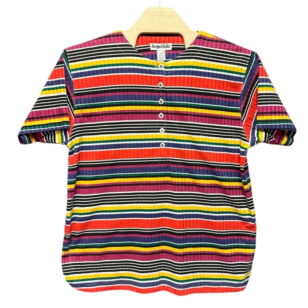 Jacque & KoKo Womens Plus Size 18/20 Rainbow Stripe Ribbed Henley Shirt Short